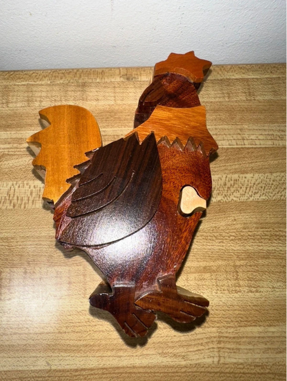 Handcrafted VTG Unique Wooden Intarsia Rooster Puzzle Box